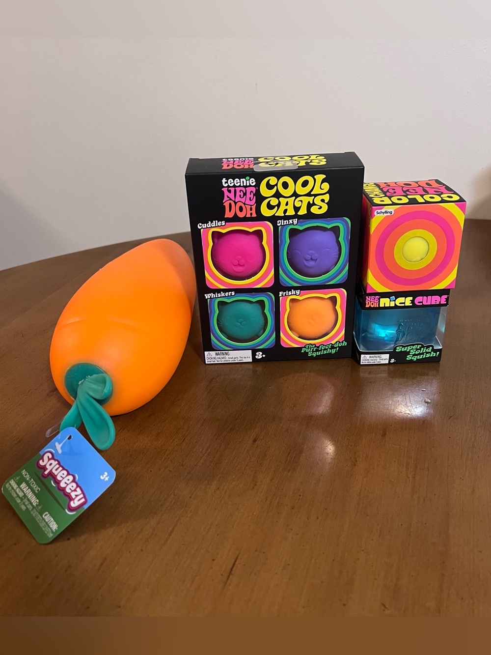 Needoh Lot of 3 W/ Squeezy Carrot, 4 pack Cool Cat, Color Change & Nice Cube!